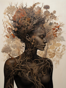 A woman body made of root and head made of floral