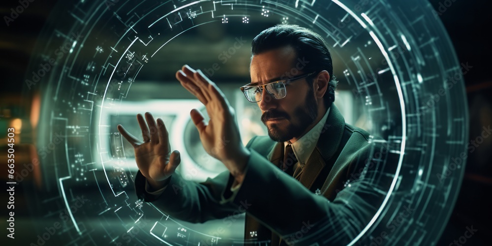 Poster A Man Gazes Through a Virtual Holoscreen with a Rangefinder Lens Aesthetic, Immersed in Technological Marvels and Sleek Innovations
