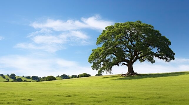  a large tree on a grassy hill under a blue sky.  generative ai