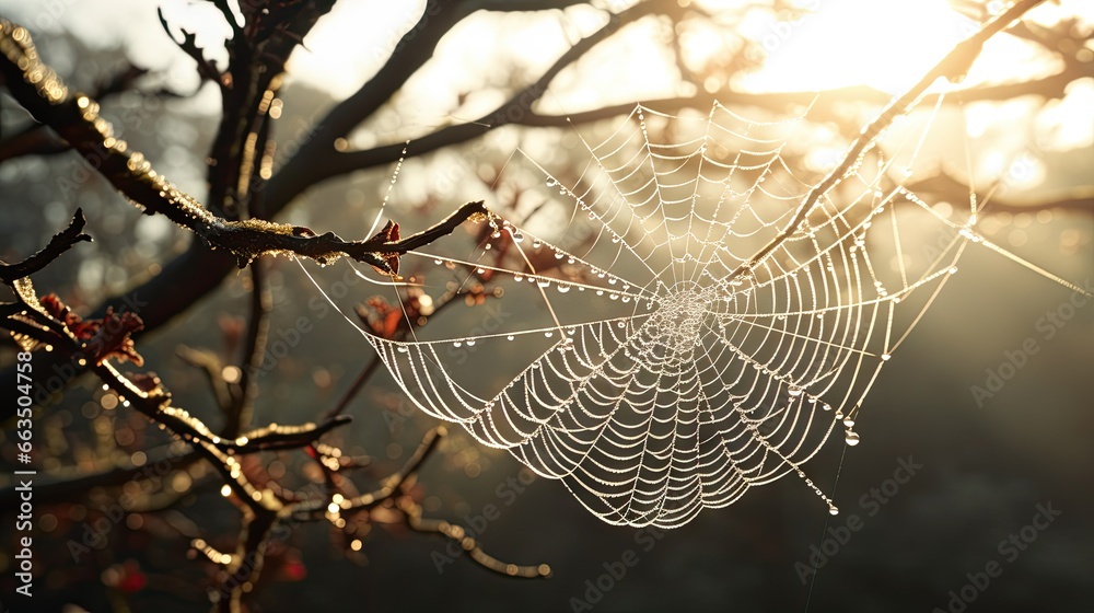 Wall mural a spider web hanging from a tree branch in the sun. generative ai