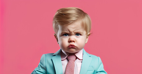 Lovely frowning gloomy little boy kid angry isolated on pink background AI image illustration. Funny kids concept. 