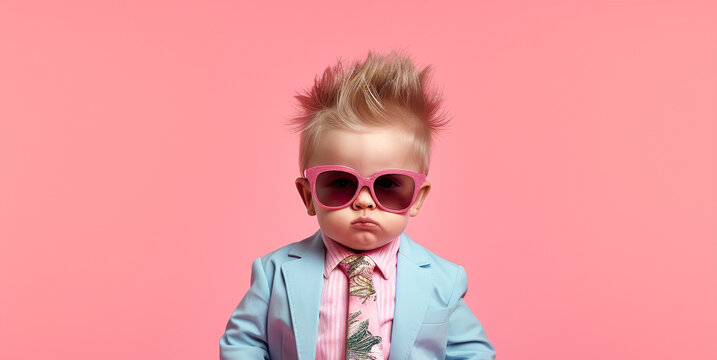 Naklejki Lovely cool little boy kid with sunglasses isolated on pink background AI image illustration. Funny kids concept. 