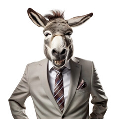 Businessman donkey in suit is standing isolated on white background. Generative AI image illustration. Business animals concept