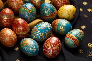 Fototapeta na wymiar Colorful festive eggs adorned with decorative elements. Generative AI