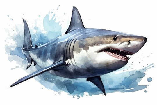Lifelike shark illustration in watercolor style. Perfect for design, print, stickers, or backgrounds. Generative AI