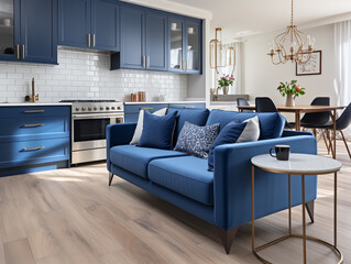 Modern studio apartment with a Scandinavian touch, featuring a navy blue sofa that connects the living room and kitchen areas