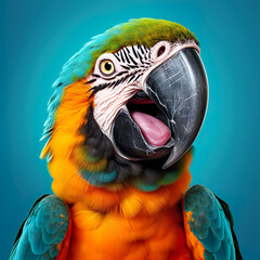 Parrot macaw ara bird pet portrait isolated on turquoise background AI image illustration. Funny animal concept