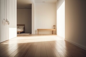 Minimal interior design with white room, light wood floor, sunlight casting shadows on wall. Generative AI