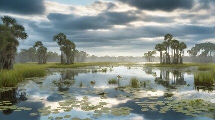 Marsh Jungle Background Swamp Wallpaper Wetland Ecosystems Forest Lake Illustration AI Generative