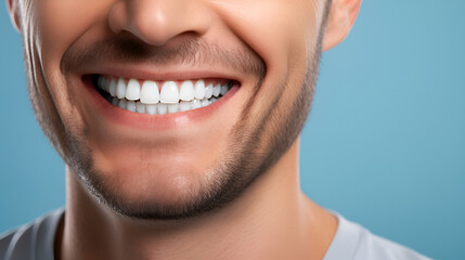 Fototapeta premium Close-up of a smiling young man with a beard and white perfect teeth, isolated on a blue studio background with copy space. Dental care. Stomatology. Dentistry concept.