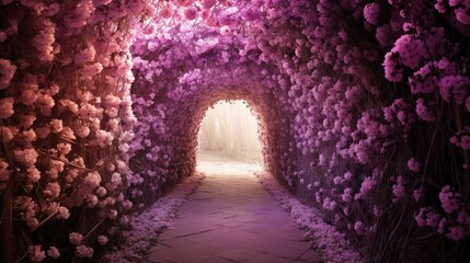Obraz premium a tunnel of purple flowers with a light at the end. generative ai