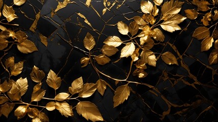 Gold Leaf Petals On Black Marble Leaf Background Black Marble Background Marble Wallpaper Tropical Background Texture Background Luxurious Wallpaper AI Generative