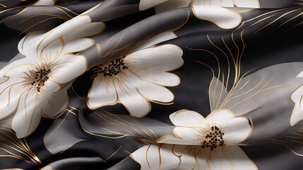  a close up of a black and white flowered fabric.  generative ai