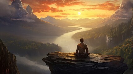 Fototapeta premium a person sitting on a cliff looking at a river and mountains. generative ai