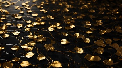 Fototapeta premium Gold Leaf Petals On Black Marble Leaf Background Black Marble Background Marble Wallpaper Tropical Background Texture Background Luxurious Wallpaper AI Generative