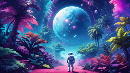 An Astronaut lands on the planet of mysterious plants and trees in space, big blue moon - obrazy, fototapety, plakaty
