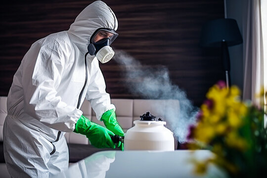 Homme avec combinaison et masque pratiquant la d&eacute;sinfection, d&eacute;ratisation, d&eacute;sinsectisation dans  un appartement