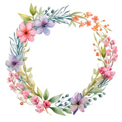 Fototapeta na wymiar Spring floral wreath round frame. Watercolor paint decor illustration clipart for design isolated on transparent background.