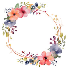 Fototapeta na wymiar Spring floral wreath round frame. Watercolor paint decor illustration clipart for design isolated on transparent background.