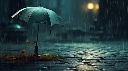 Fotobehang  a person holding an umbrella on a rainy street at night.  generative ai © Olga