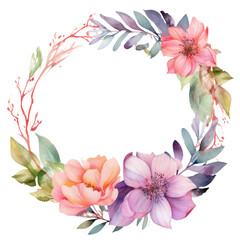 Spring floral wreath round frame. Watercolor paint decor illustration clipart for design isolated on transparent background.