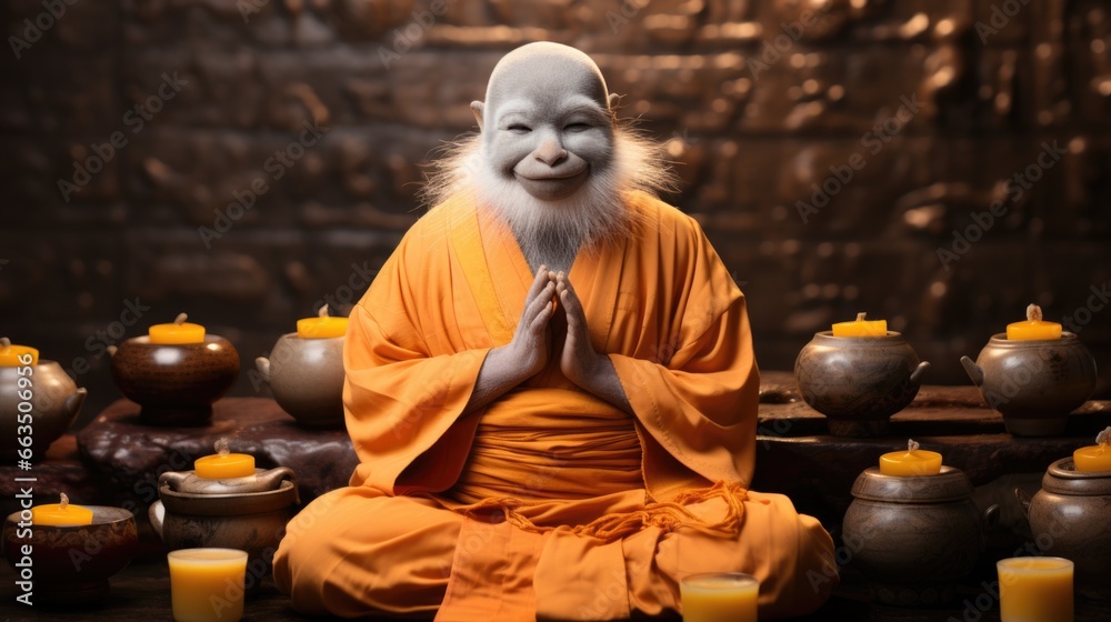 Poster A man sitting in a meditation position with candles around him, AI