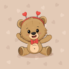 Cute cartoon teddy bear isolated on background with hearts. Postcard for Valentine's Day, Mothers day.Vector illustration