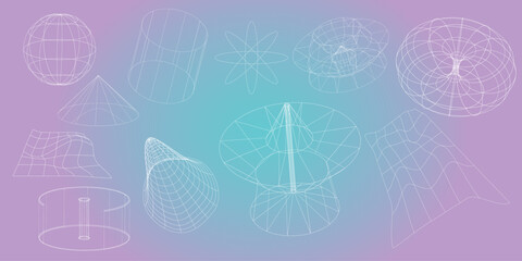 Geometry wireframe shapes and grids on pink blue background. abstract patterns, cyberpunk elements in trendy psychedelic rave style. Vector illustration. wireframe 2yk
