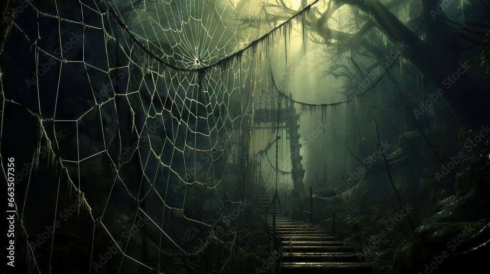 Wall mural a set of stairs in a dark forest with a spider web. generative ai