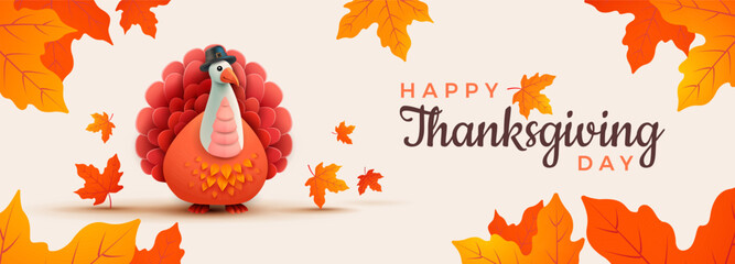Thanksgiving banner background with Happy Thanksgiving Day lettering and a cute Thanksgiving turkey in 3d cartoon modern style. Autumn leaves in the background. Horizontal banner vector illustration - obrazy, fototapety, plakaty