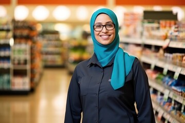 Fototapeta na wymiar Muslim woman with friendly smile in a grocery store, female employee wearing a hijab, business portrait, ai generated