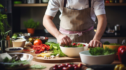 Obraz na płótnie Canvas handsome chef preparing food in the kitchen.