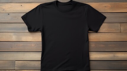 Top view of a mockup senior black t-shirt on a wooden table, copy space - obrazy, fototapety, plakaty