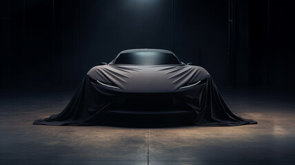 Modern sports car under dark cover - obrazy, fototapety, plakaty