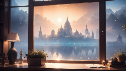 beautiful view of a mysterious mansion at sunset from a window of a house far far away
