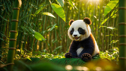 Funny panda on a background of bamboo