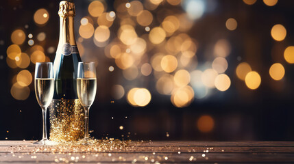 Bottle and two glasses of champagne on gold shining background. Bright glitter and bokeh. New year eve, Christmas party banner template with copy space for text