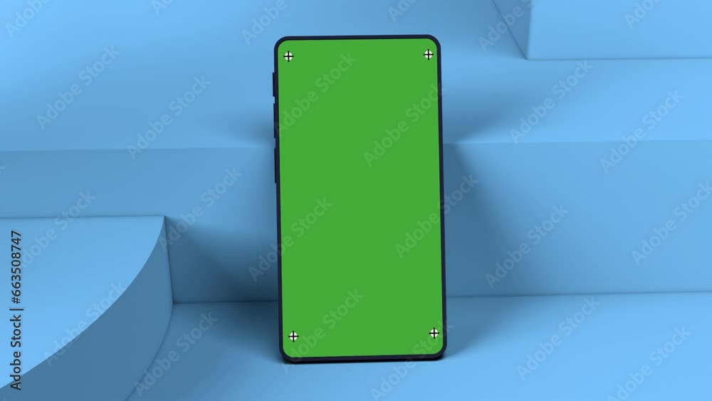 Poster Mobile phone mockup with blue geometric clean simple background and green screen with tracking marks and points. Front view zooming in slow, 3d render animation