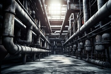 An industrial area with steel pipelines, valves, and pumps. A vast pipe system within a factory. Generative AI - obrazy, fototapety, plakaty