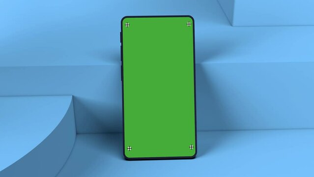 Mobile phone mockup with blue geometric clean simple background and green screen with tracking marks and points. Front view zooming in slow, 3d render animation