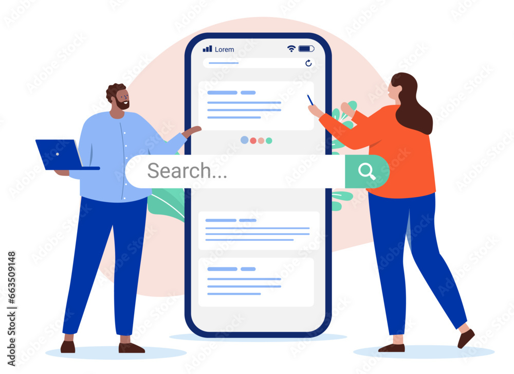 Leinwandbilder business search engine result - two people working and looking at ranking from web search on smartph