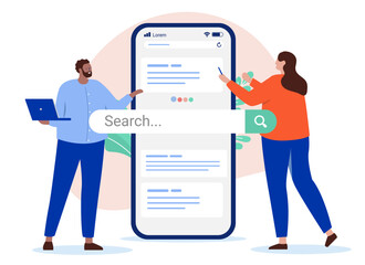 Business search engine result - Two people working and looking at ranking from web search on smartphone screen. Flat design vector illustration with white background - obrazy, fototapety, plakaty