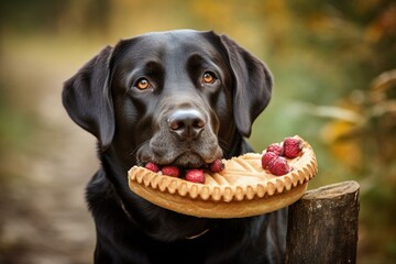 A Labrador Retriever holding a delicious pie in its mouth. Generative AI