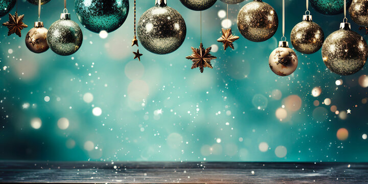 Christmas or new year background, hanging dark turquoise and golden glitter baubles and snowflakes under wooden table on magic bokeh background with copy space. Winter holidays festive greeting card.
