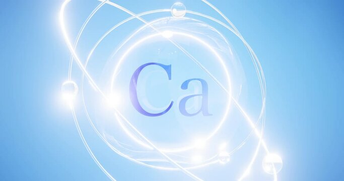 calcium symbol - Ca inside a sphere with orbiting atoms and electrons, calcium carbonate 3d rendering