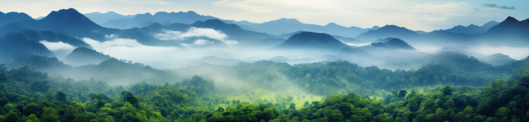 Obraz premium Foggy landscape in the jungle. Fog and cloud mountain tropic valley landscape. aerial view, wide misty panorama