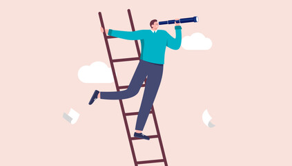Businessman looking forward with binocular - Man standing on top of ladder looking for opportunity and future business. Flat design cartoon style vector illustration © Knut
