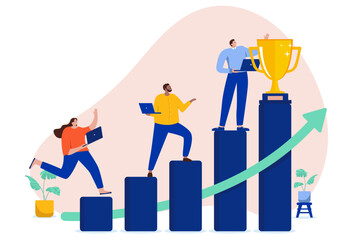 Teamwork to achieve goal - Businesspeople walking on rising chart to reach top and getting award for success and triumph together. Flat design vector graphic illustration with white background