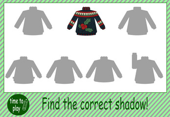 tasks for children's development. logical tasks. find the right shadow. New Year. Christmas. sweater 