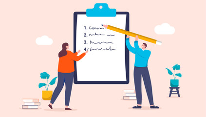 Writing business list - Two people with pencil and clipboard making business notes and points for process and strategy. Flat design cartoon style vector illustration